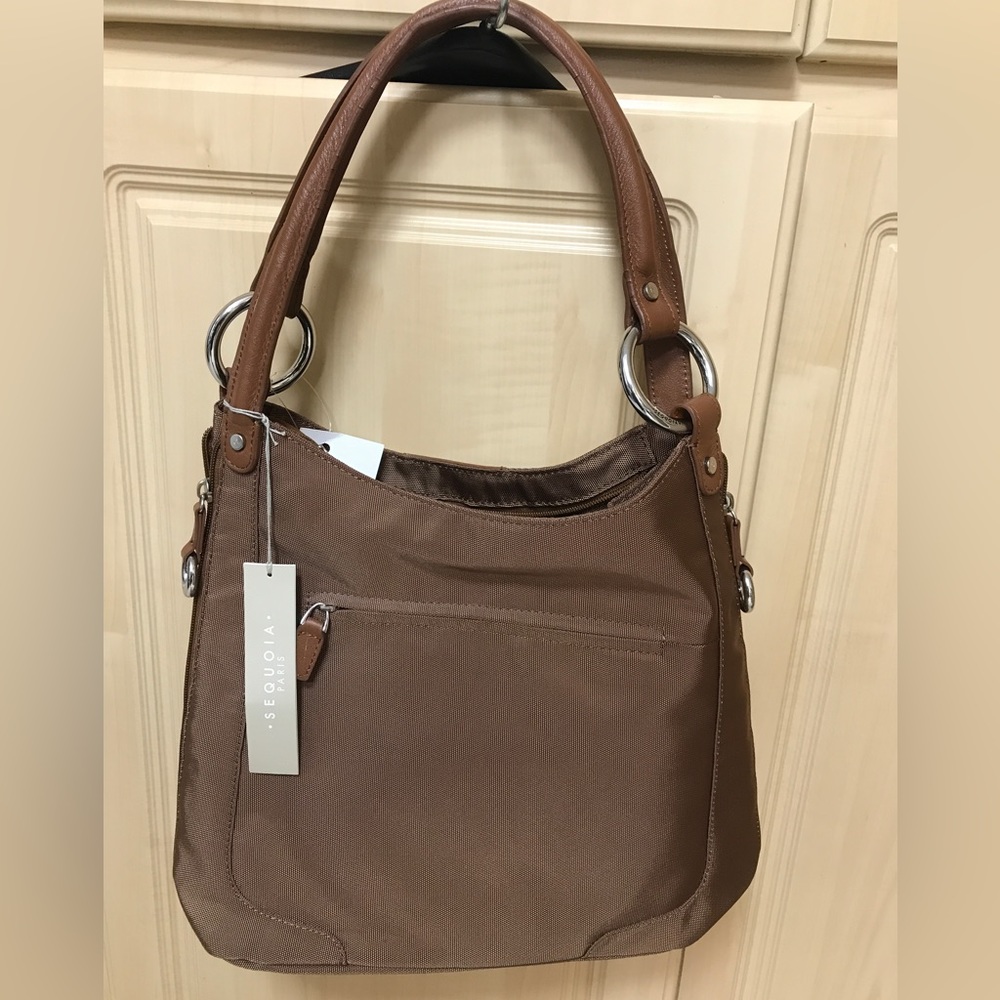 NWT Sequoia Paris brown expandable puse handbag medium size silver accents